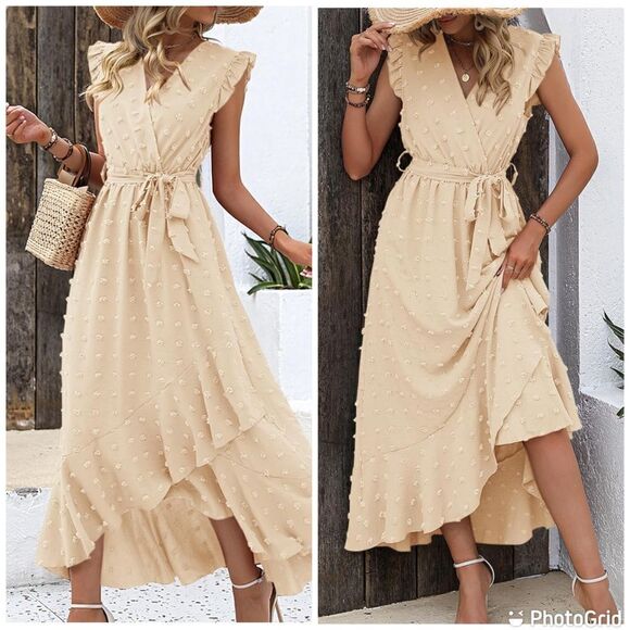 BTFBM V Neck Wrap Ruffle Sleeve Swiss Dot Bohemian Ruffle Beach Party Dress - Picture 1 of 12